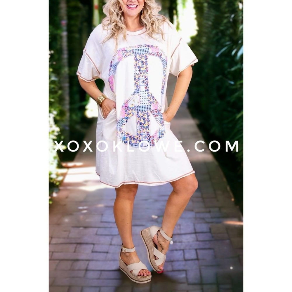 Oli & Hali Peace Sign Patch Mineral Washed Tee Dress Relaxed Fit